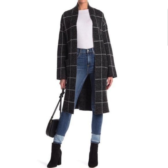 CYRUS Windowpane Plaid Open Front Long Cardigan Sweater Black Gray sz L Women's - Picture 1 of 6